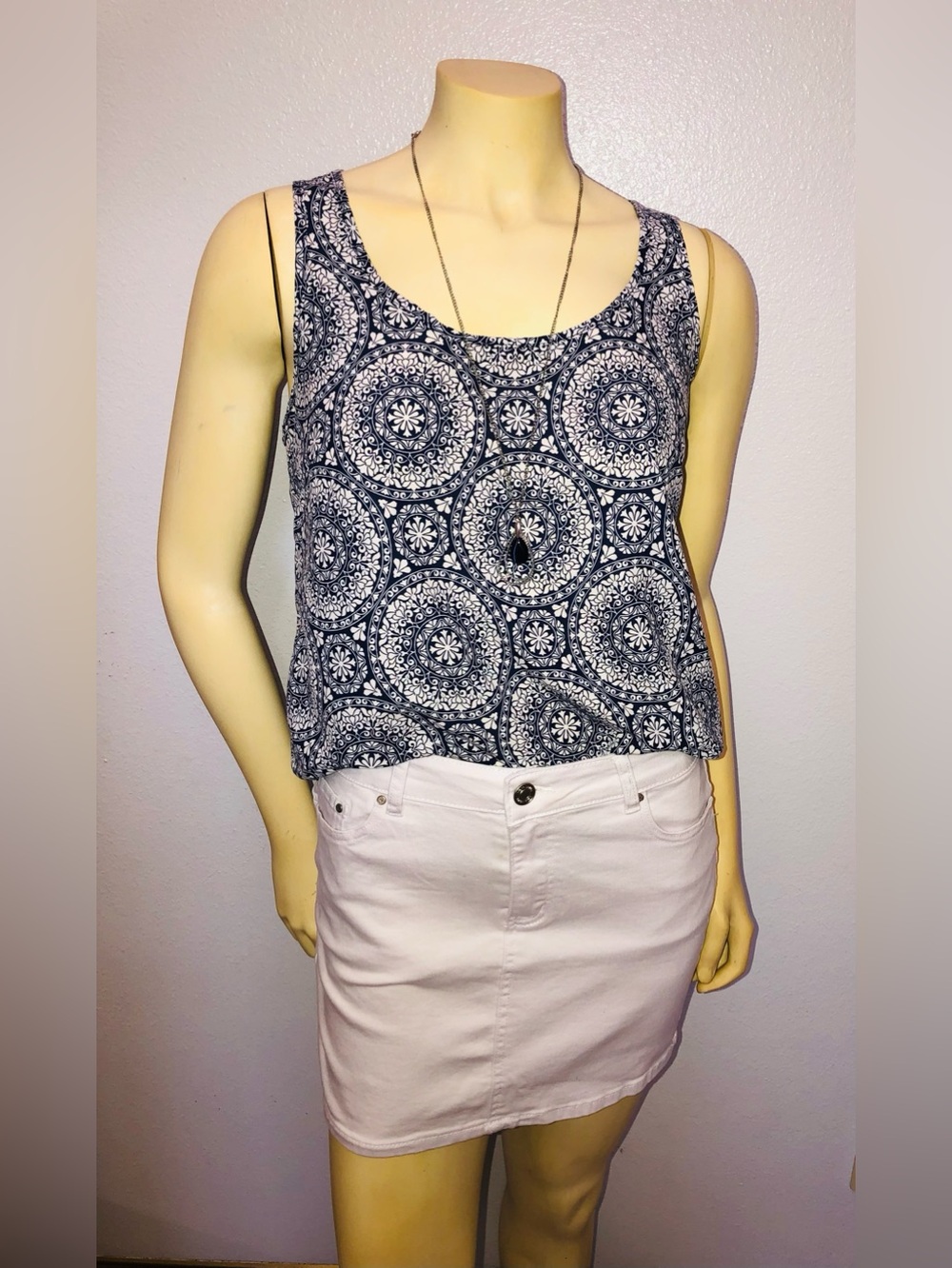 Faded Glory Navy and White Medallion Tank Top